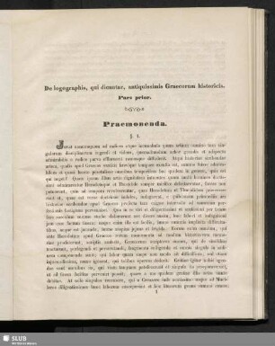 De logographis, qui dicuntur, antiquissimis Graecorum historicis : Pars prior