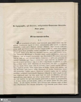 De logographis, qui dicuntur, antiquissimis Graecorum historicis : Pars prior