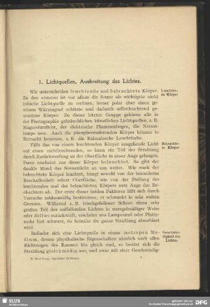 1. Lichtquellen, Ausbreitung des Lichtes