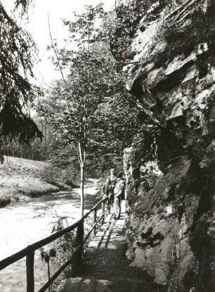 Osterzgebirge. Bobritzschtal. Grabentour, Uferweg an einem Porphyrstock bei Krummenhennersdorf (Beginn der Grabentour)