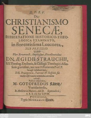 De Christianismo Senecae, Dissertatione Historico-Theologica Examinato