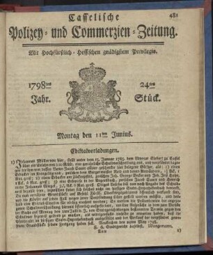 24tes Stueck, Montag den 11ten Junius 1798