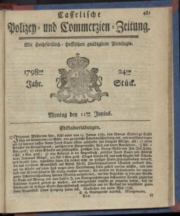 24tes Stueck, Montag den 11ten Junius 1798