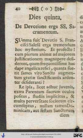 Dies quinta. De Devotione erga SS, Sacramentum.