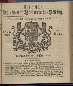 39. Stueck, Montag den 24ten Septembr. 1764