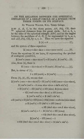 On the relation between the spherical distances of a great circle of a sphere from three points on its surface.