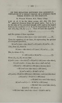 On the relation between the spherical distances of a great circle of a sphere from three points on its surface.