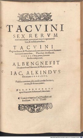 Tacvini Sex Rervm non naturalium, cum earum naturis, operationibus, & rectificationibus : Tacvini Aegritudinum, & Morborum ferme omniu[m] corporis humani: cum curis eorundem ... Albengnefit De uirtutibus Ciborum, & Medicinarum. Iac. Alkindvs De rerum Gradibvs. ...