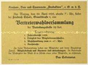 Ankündigung des Konsum-, Bau- und Sparvereins "Produktion" zu einer Wahlversammlung am 29. April 1929