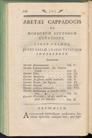 Aretaei Cappadocis De Morborum Acutorum Curatione Liber Primus