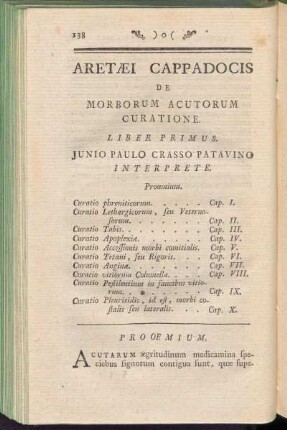Aretaei Cappadocis De Morborum Acutorum Curatione Liber Primus