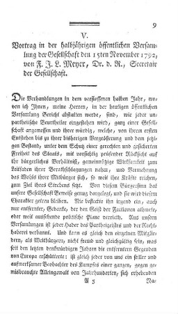 V. Vortrag in der halbjährigen öffentlichen Versamlung der Gesellschaft den 15ten November 1792.