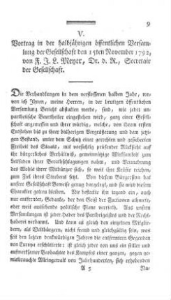 V. Vortrag in der halbjährigen öffentlichen Versamlung der Gesellschaft den 15ten November 1792.