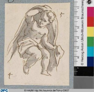 Sitzender Putto mit Draperie, nach links blickend