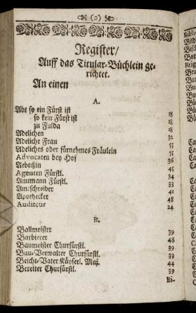 Register/ Auff das Titular-Büchlein gerichtet.