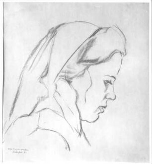 Porträt einer Frau mit Kopftuch im Profil : Porträt einer Frau mit Kopftuch im Profil. Zeichnung (1943; E. Richter)
