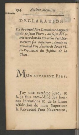 IX. Declaration Du Reverend Pere Dominique Sarpetri dit de saint Pierre