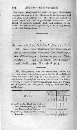 Astronomisches Jahrbuch für das Jahr 1818. nebst einer Sammlung der neuesten in die astronomischen Wissenschaften einschlagenden Abhandlungen, Beobachtungen und Nachrichten / von J. E. Bode. - Berlin, 1815