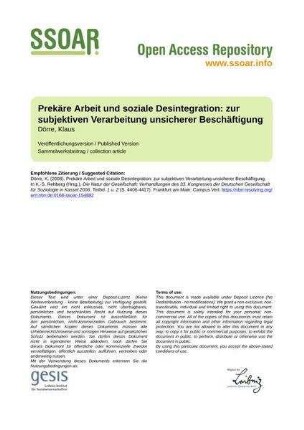 Prekäre Arbeit und soziale Desintegration: zur subjektiven Verarbeitung unsicherer Beschäftigung