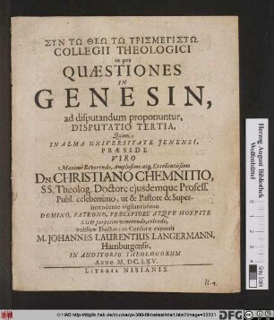 Collegii Theologici in quo Quaestiones In Genesin, ad disputandum proponuntur, Disputatio Tertia