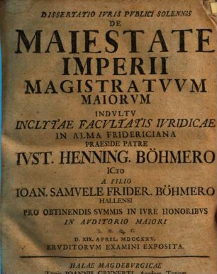 Diss. iuris publ. sol. de maiestate imperii magistratuum maiorum