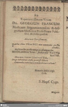 Experientissimum Virum Dn. Georgium Francum …