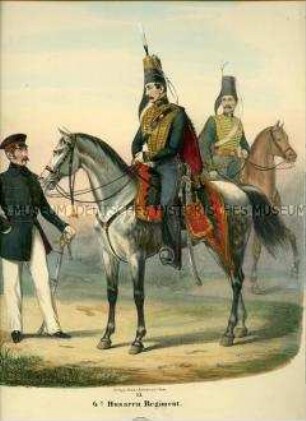 Uniformdarstellung, Offizier und Husar des 6. Husaren-Regiments zu Pferd, Preußen 1843/1845. Aus: Sachse: Das Preussische Heer. Tafel 23.