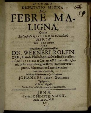 Disputatio Medica De Febre Maligna