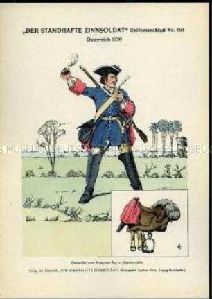 Uniformdarstellung, Grenadier des Dragoner-Regiments, Detailstudie des Sattels, Kaiserreich Österreich, 1730.