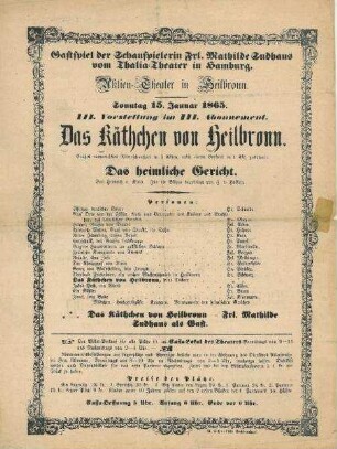 Theaterzettel des Aktientheaters "Das Käthchen von Heilbronn" Gastspiel von Mathilde Sudhaus, Thalia-Theater Hamburg, als Käthchen