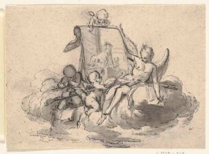 Engel und zwei Putten ein Bild mit Romulus, Remus und der Wölfin haltend