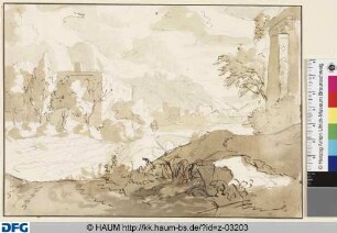 Theaterdekoration: Italienische Landschaft, rechts zwei Säulen mit Gebälk