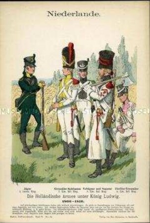 Uniformdarstellung, Gemeiner des 3. Leichten Jäger-Regiments, Grenadier-Spielmann, Voltigeur, Sappeur und Füsilier-Tambour verschiedener Linien-Infanterie-Regimenter, Königreich Holland, 1806/1810.