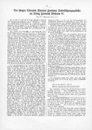 Des jungen Literaten Theodor Fontanes Unterstützungsgesuche an König Friedrich Wilhelm
