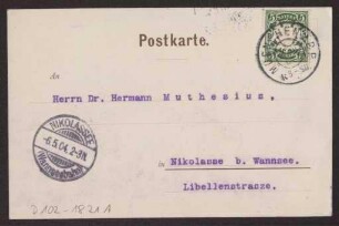 Schreiben an Hermann Muthesius (Postkarte)