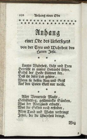 Anhang einer Ode des Uebersezers von der Treu und Wahrheit des Herrn Jesu.