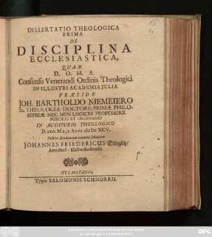 Dissertatio Theologica Prima De Disciplina Ecclesiastica