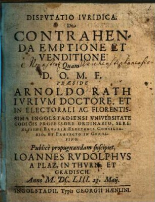 Dispvtatio Ivridica. De Contrahenda Emptione Et Venditione