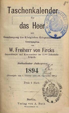 Taschen-Kalender für das Heer. 1894 = Jg. 17