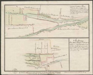 Geometrischer Plan über die herrschafftl.e Erbbestand-Mühl zu Untergrombach, die obere Mühl genannt...(oben) Auftrag der herrschafftl.en Erbbestand-Mühl zu Untergrombach, die untere Mühl genannt ...(unten)