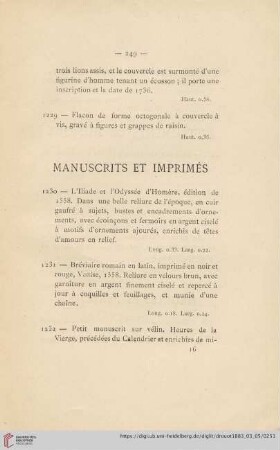 Manuscrits et Imprimés (Nr. 1230 - 1232)