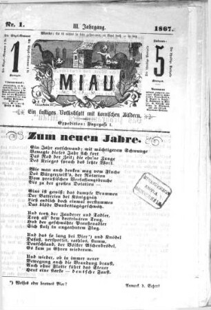 Miau : der gestiefelte Kater ; ein humoristisches Volksblatt. 1867 = Jg. 3