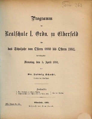 Programm der Realschule I. Ordnung zu Elberfeld : über das Schuljahr von Ostern ... bis Ostern ..., 1880/81