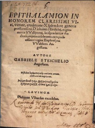 Epithalamion in honorem ... Joh. Hartliebii, cognomine Walsporn