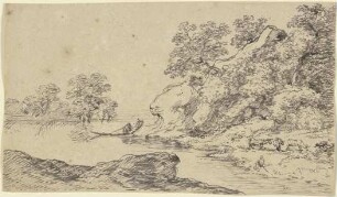 Flusslanschaft mit weidenden Kühen