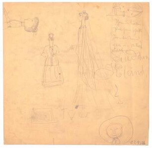 Skizzen und Briefnotiz : Rückwärtige- und Seitenansicht einer Braut mit bodenlangem Kleid und Schleier; Notiz eines Briefes an das Patenkind