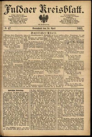 Erste Ausgabe vom Samstag, den 22. April 1893.