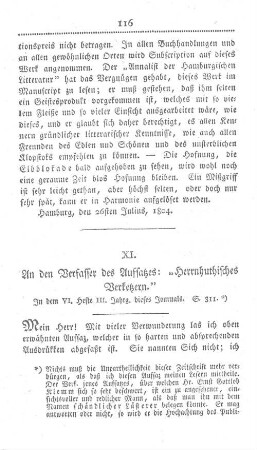 XI. An den Verfasser des Aufsatzes: "Herrnhuthisches Verketzern." In dem VI. Hefte III. Jahrg. dieses Journals. S. 311.