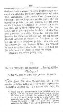XI. An den Verfasser des Aufsatzes: "Herrnhuthisches Verketzern." In dem VI. Hefte III. Jahrg. dieses Journals. S. 311.
