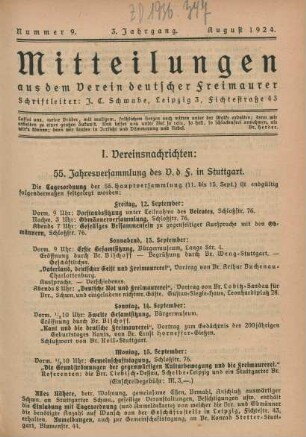 Nummer 9. 3. Jahrgang. August 1924.